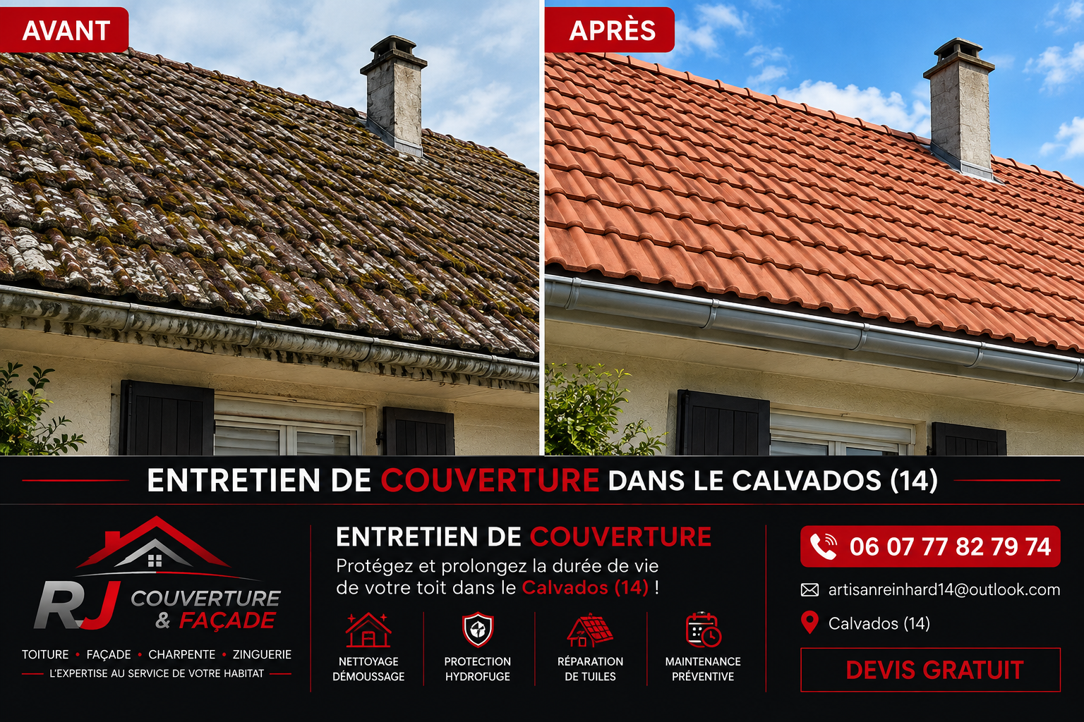 Entretien de toiture — chantier RJ Couverture & Façade dans le Calvados