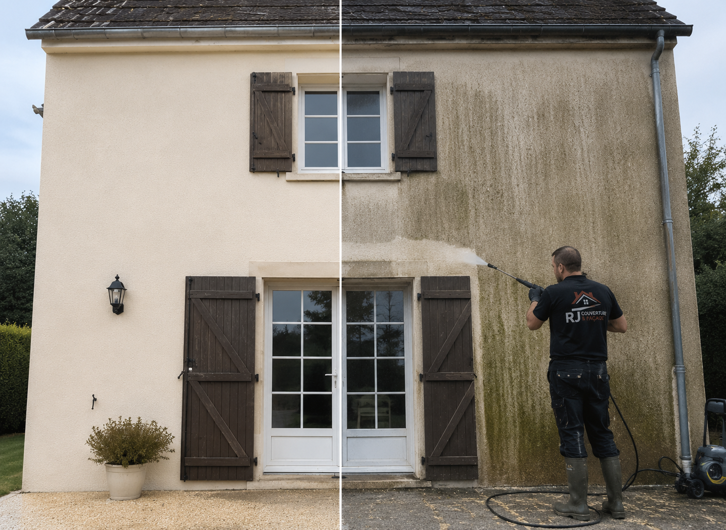 Avant / après nettoyage de façade par RJ Couverture & Façade dans le Calvados
