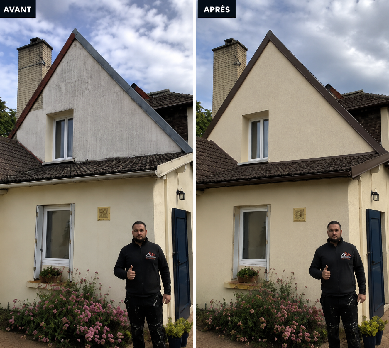 Avant / après ravalement de pignon et habillage de rive par RJ Couverture & Façade
