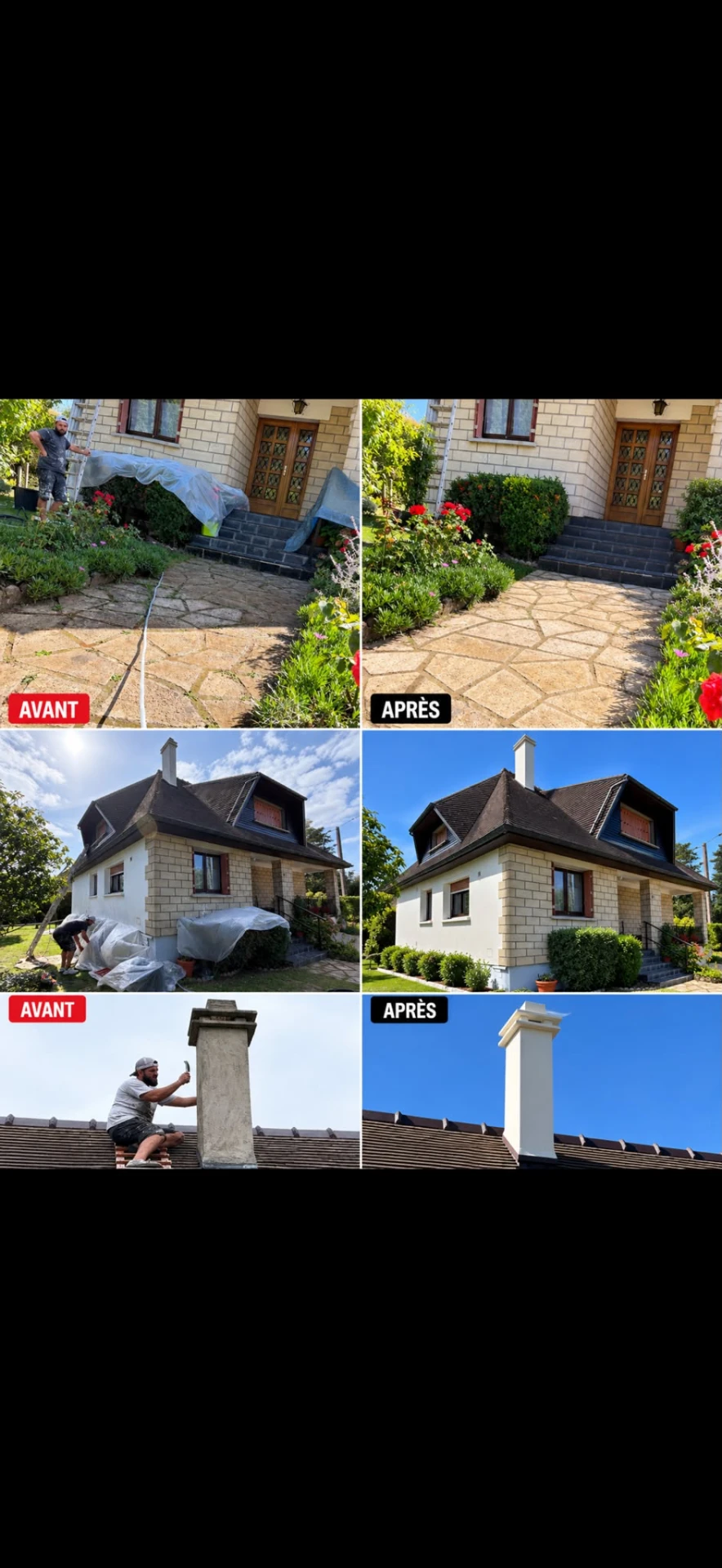 Avant / après multiples : façade, toiture et cheminée rénovées par RJ Couverture & Façade