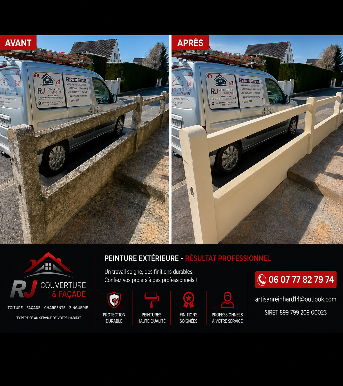Avant / après peinture extérieure d'une clôture béton par RJ Couverture & Façade
