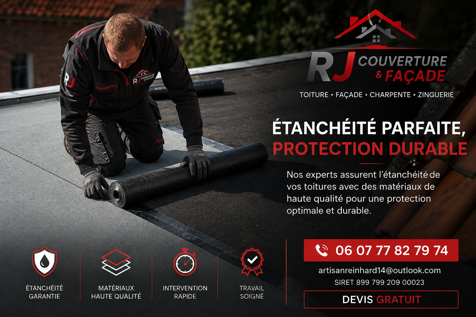 Étanchéité toit-terrasse — chantier RJ Couverture & Façade dans le Calvados