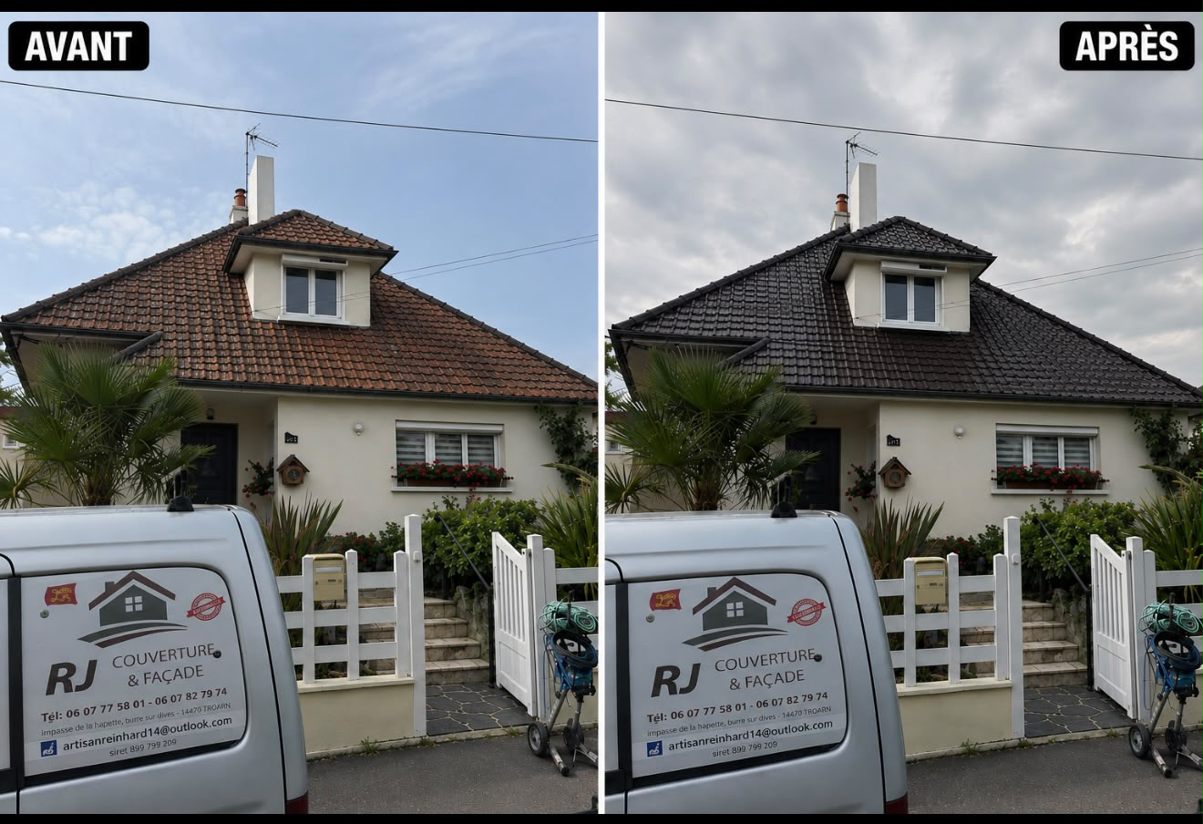 Avant / après d'un changement de couverture en tuiles par RJ Couverture & Façade dans le Calvados