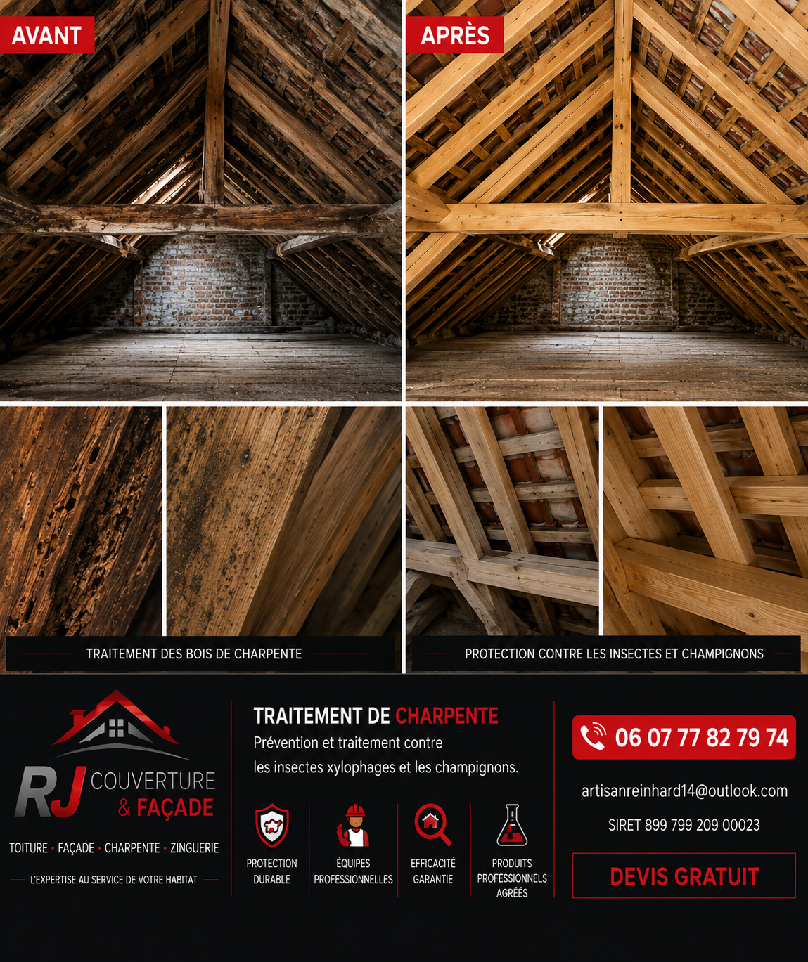 Traitement de charpente — chantier RJ Couverture & Façade dans le Calvados